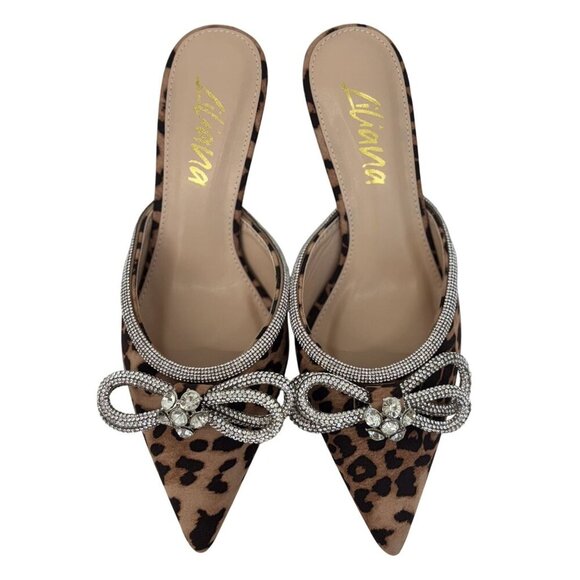 LILIANA / Romantic-1 Leopard Print / Pointed Toe Mules With Rhinestone Bow Embel - Picture 4 of 9